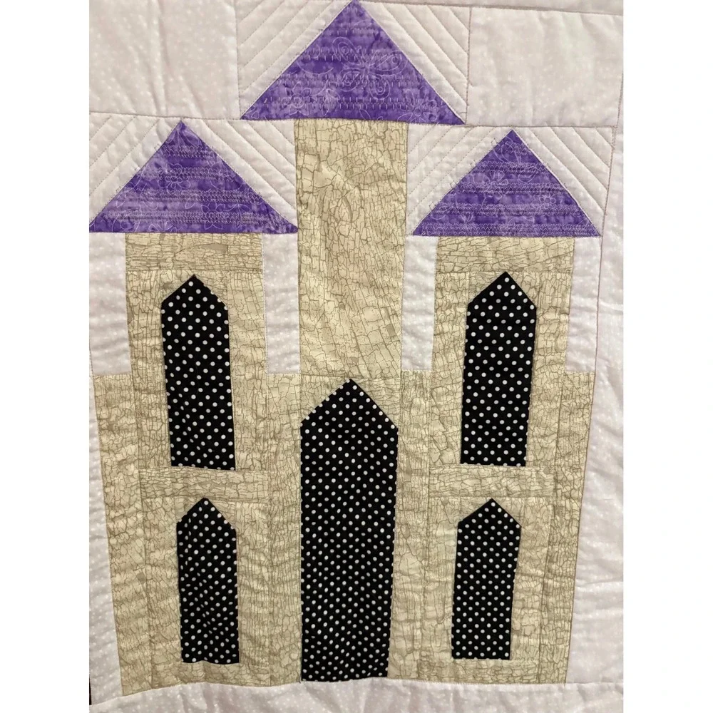 Handmade Halloween Quilt Wall Hanging Bat Moon Castle Cat Raven Script Fabric